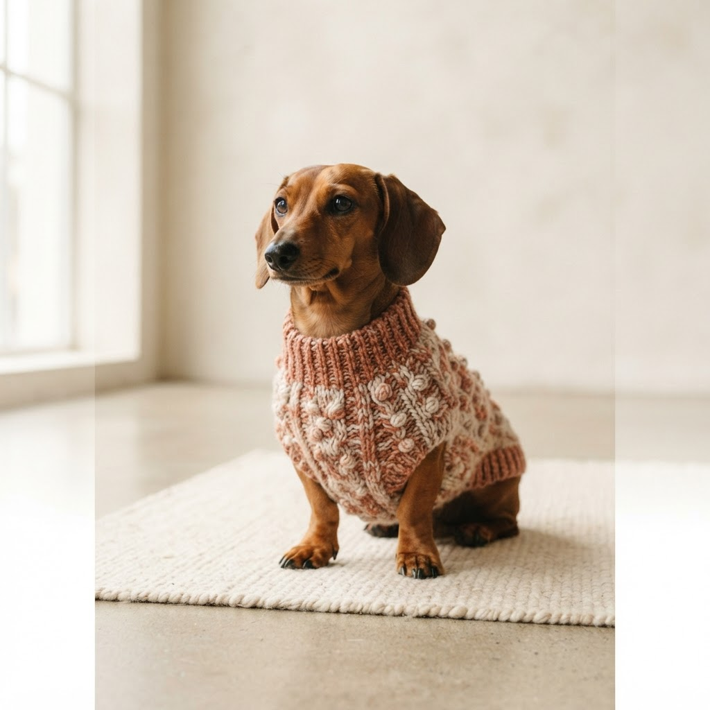 Small dog wearing a handmade crochet sweater