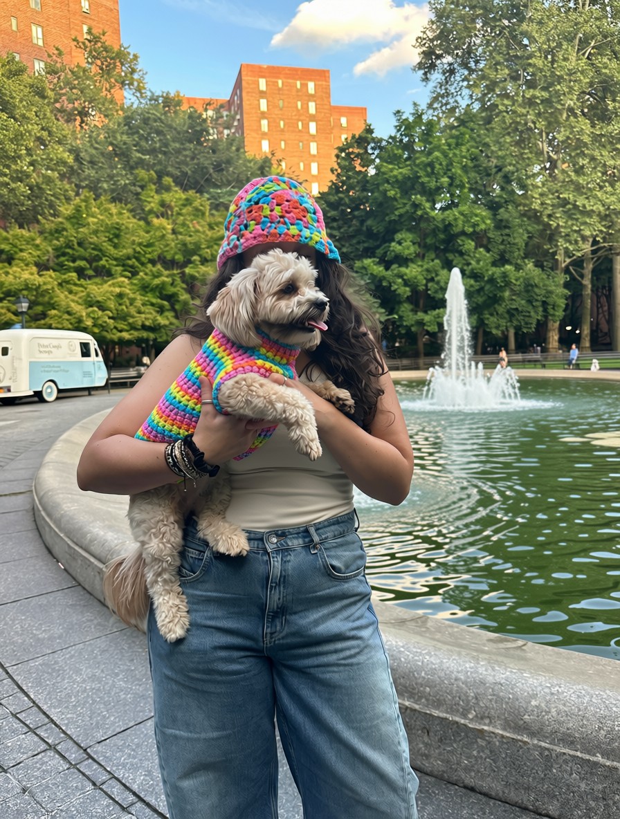 Woman holding a small dog in a custom rainbow crochet sweater while wearing a matching hat